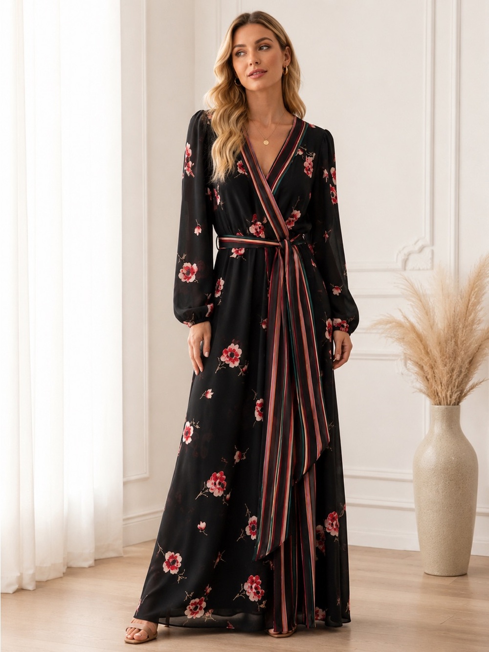 NWT Highline Collective Black Floral Wrap Maxi Dress Small MSRP $129